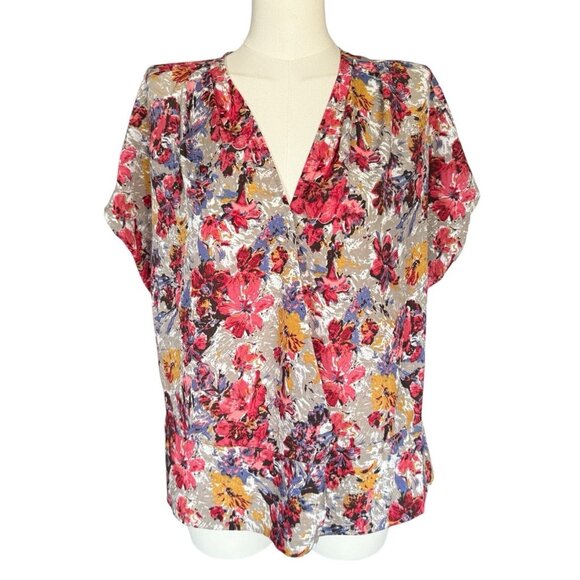 Pleione Multicolored Floral V-Neck Short Sleeve Snap Closure Top Women's M - Picture 1 of 10